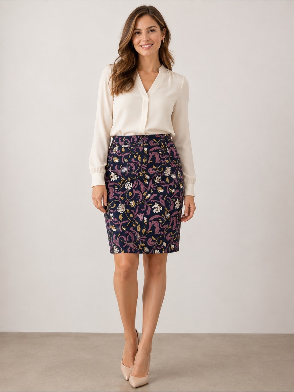 LOFT Floral Pencil Skirt Cream  Mauve Stretch Lined Size 00